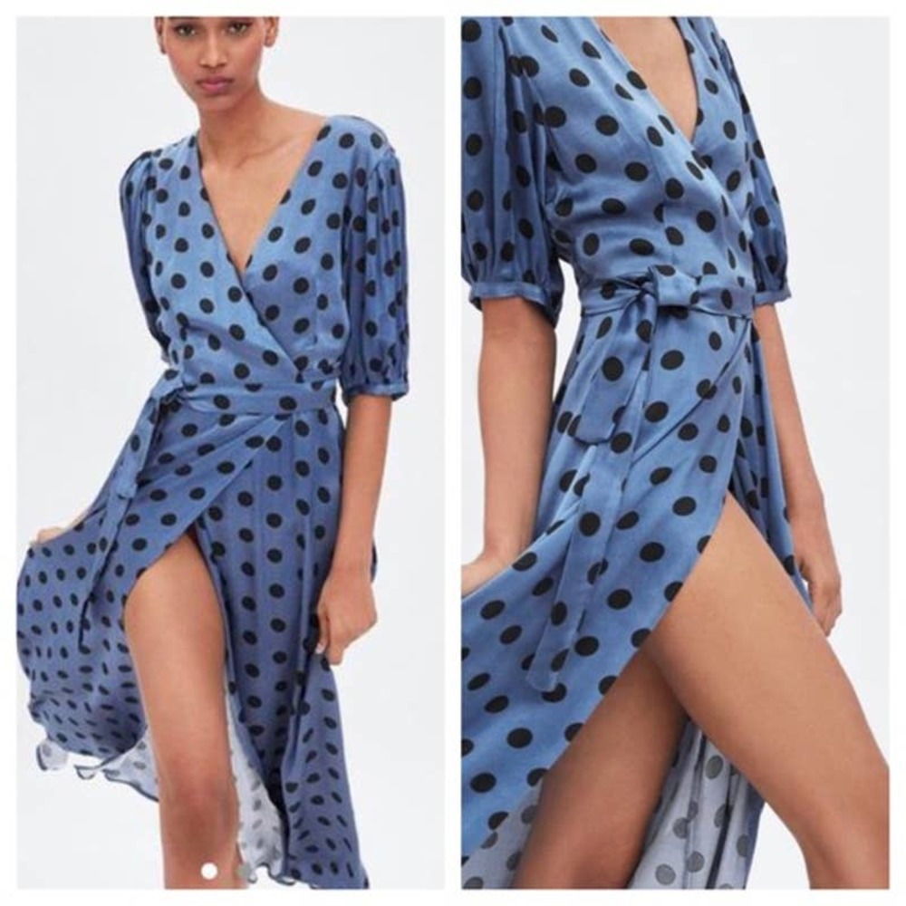 Zara Women's blue polka dot wrap dress silky feel size xs